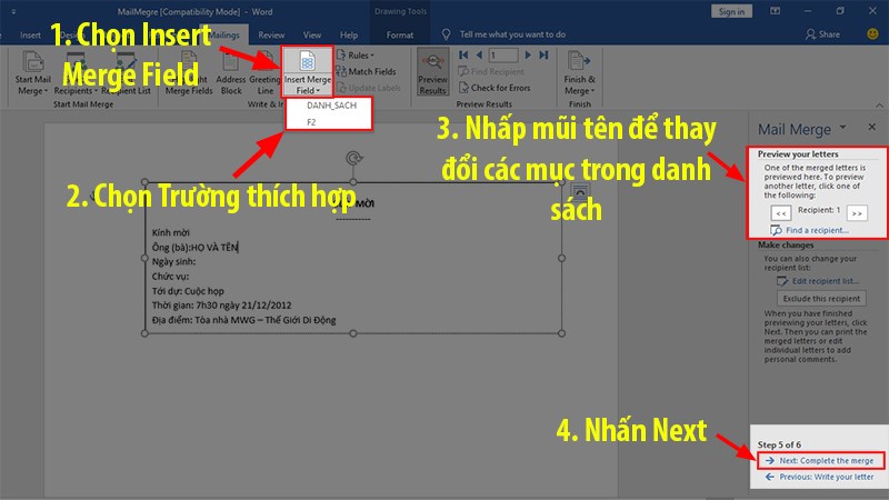 Các bước thực hiện trộn thư trong Word